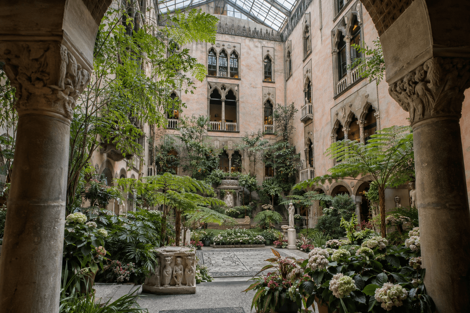Illustration inspired by the Gardner Museum’s plant-filled courtyard and sunlit stone arcades